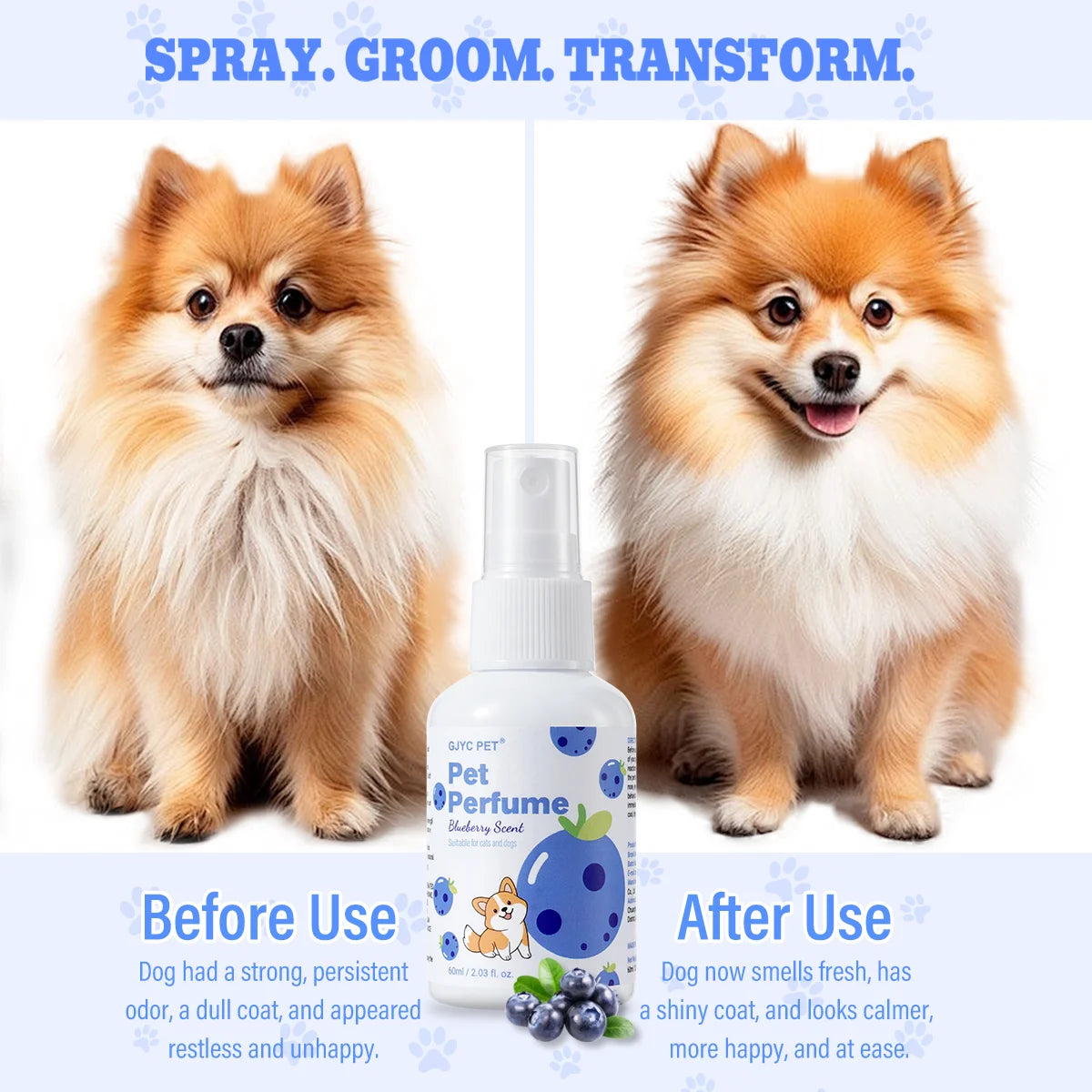 Pet Deodorizing Perfume Spray Dogs Cats Natural Long Lasting Fresh Scent Blueberry Grooming Alcohol-Free Odor Control Portable