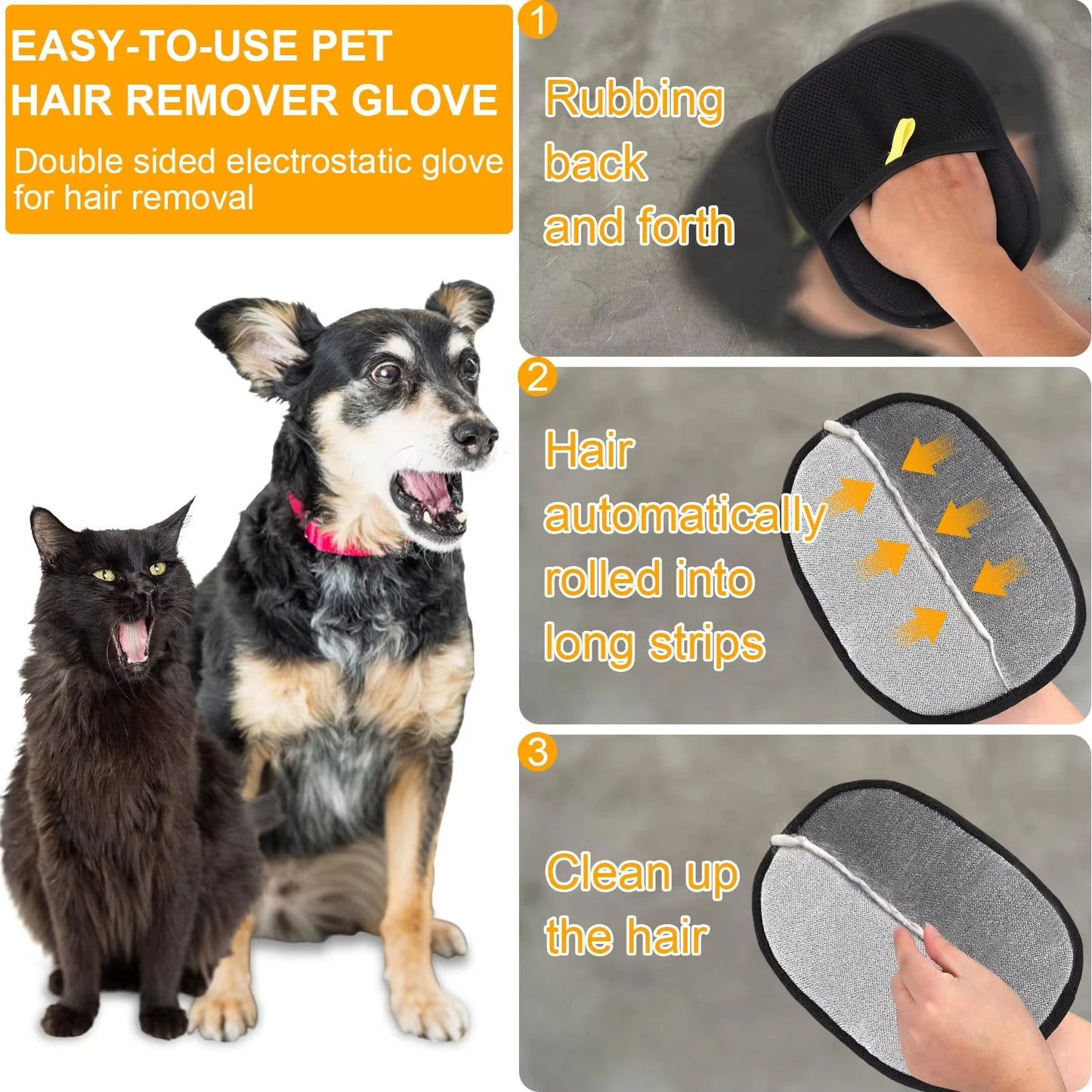 Pet Hair Removal Tool Reusable Static Removal Gloves, Double-Sided Grooming Gloves for Pets, Removes Pet Fur Hair for Carpets