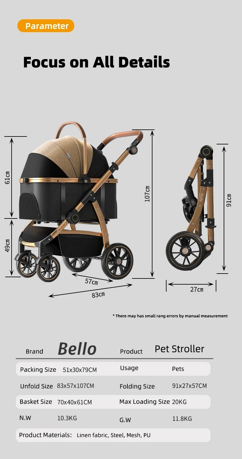2-in-1 Detachable Large Aluminum Tube Frame Pet Stroller Cage One-Click Folding For Convenient Portable Use With Dogs And Cats