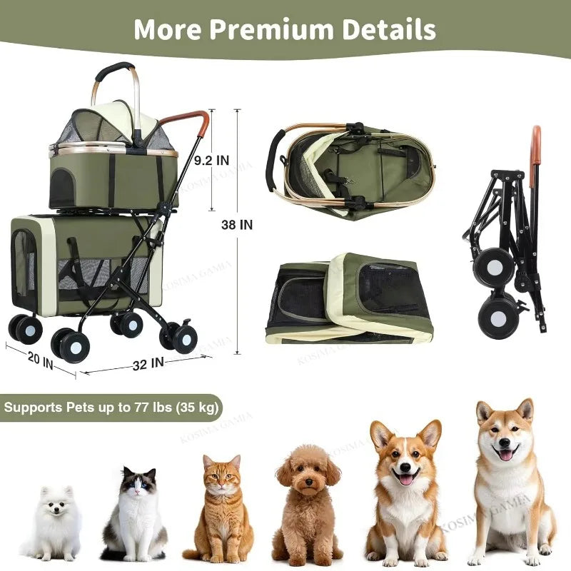 Separable Design Foldable Luxury Pet Stroller Large Space Detachable Multi-layer 8-Wheel Metal Double Pet Stroller for Cats Dogs