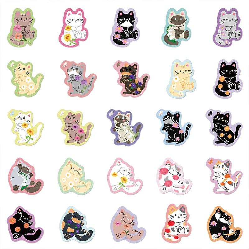 50PCS Colorful Edge Flower Cat Cartoon Graffiti Stickers DIY Stationery Suitcases Notebook Creative Aesthetics Decals Kids Toys