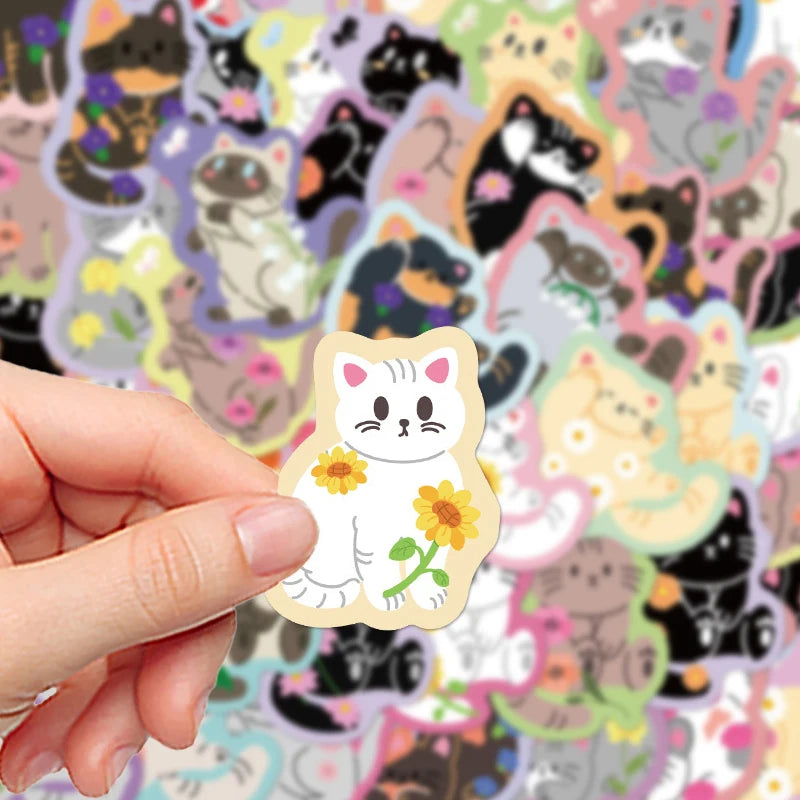 50PCS Colorful Edge Flower Cat Cartoon Graffiti Stickers DIY Stationery Suitcases Notebook Creative Aesthetics Decals Kids Toys