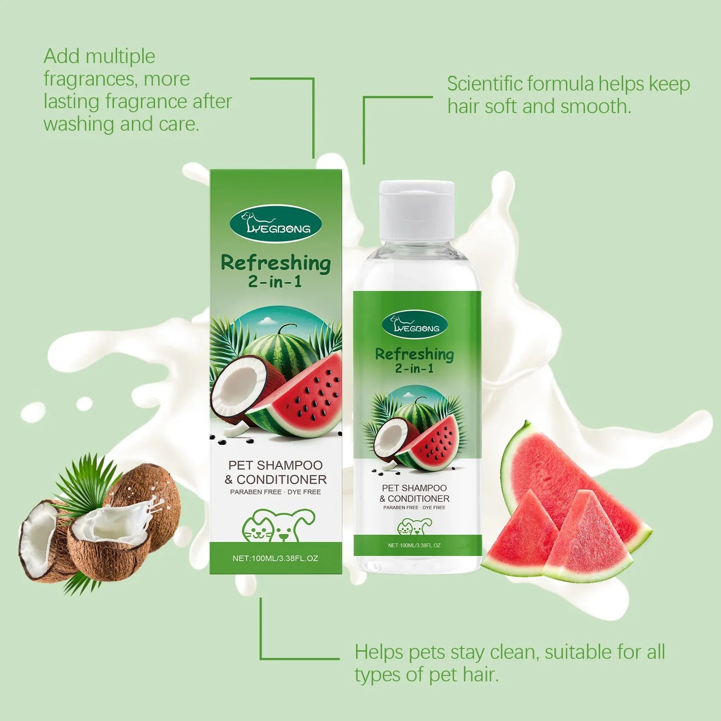 YEGBONG 2-in-1 Pet Shampoo Conditioner for Dog Moisturizing Hypoallergenic Long-Lasting Scent Coat Care Cleansing Bath Liquid