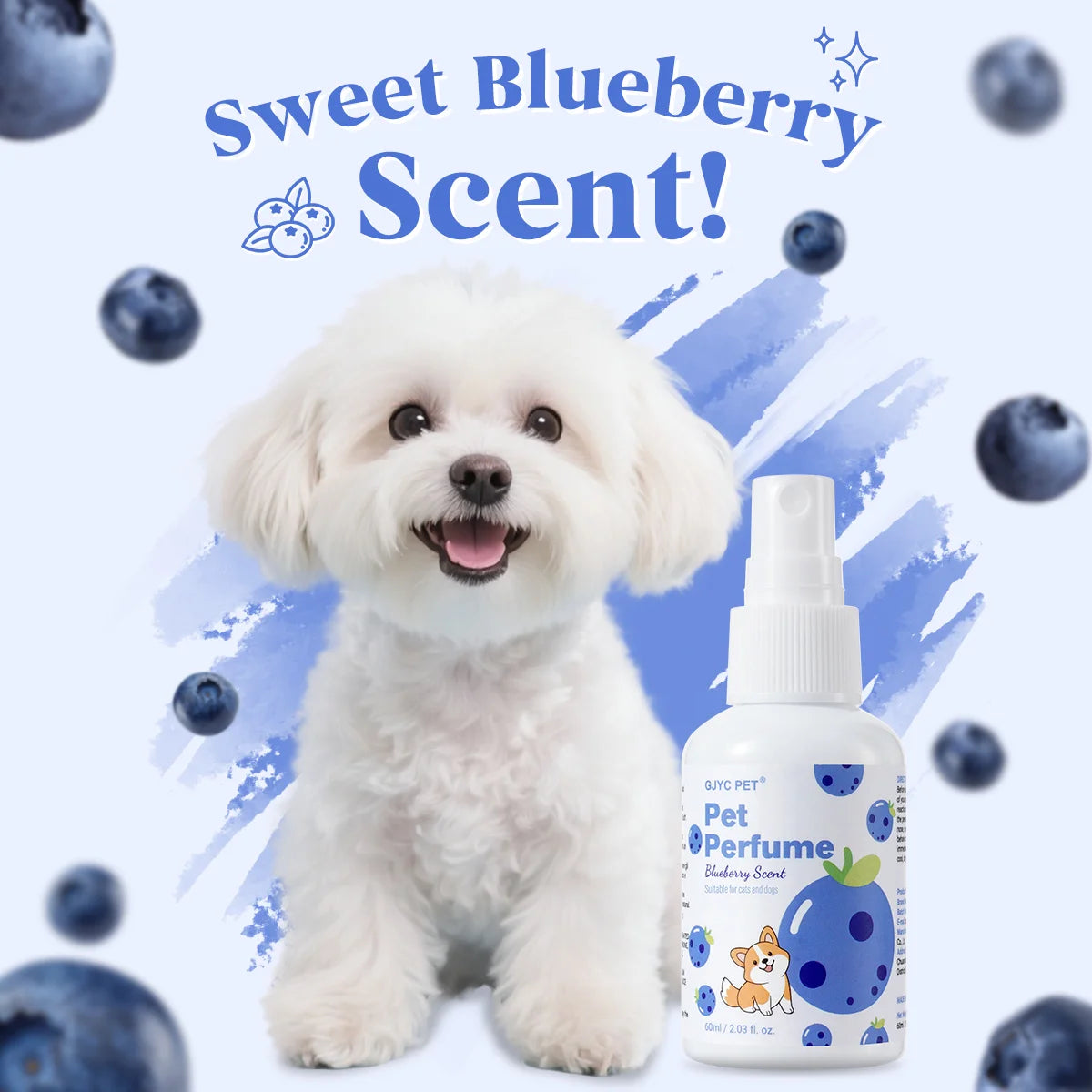 Pet Deodorizing Perfume Spray Dogs Cats Natural Long Lasting Fresh Scent Blueberry Grooming Alcohol-Free Odor Control Portable