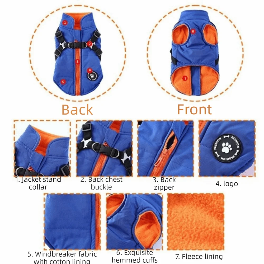 Waterproof Adjustable Dogs Down Clothes Warm Windproof Dog Coat with Harness Soft Dog Jacket for Dogs Cats