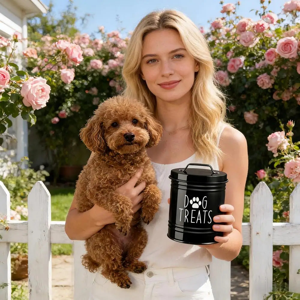 Dog Food Container Airtight Pet Food Storage Bin with Handle and Lid Metal Container for Puppy Cat Bird Feeding Snacks Organizer
