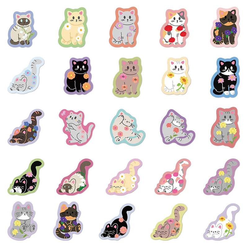 50PCS Colorful Edge Flower Cat Cartoon Graffiti Stickers DIY Stationery Suitcases Notebook Creative Aesthetics Decals Kids Toys