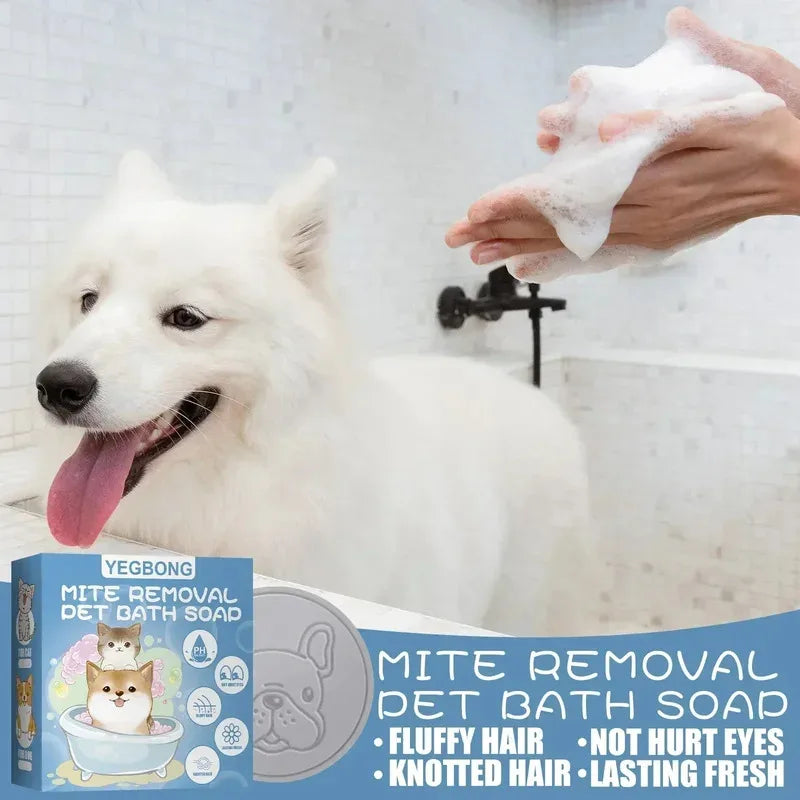 Anti Mite Pet Soap Bar for Dogs Cats, Deodorizing Itch Relief Bath Soap, Flea Odor Control Cleansing, Smooth Coat Grooming
