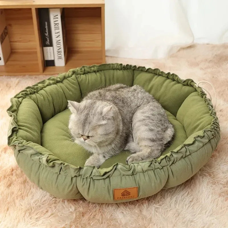 Round Cat Dog Bed Basket Plush Warm Winter Pet Cushion Nest Soft Sofa Sleeping Mat Reversible Shrink Drawstring Bed for Kittens