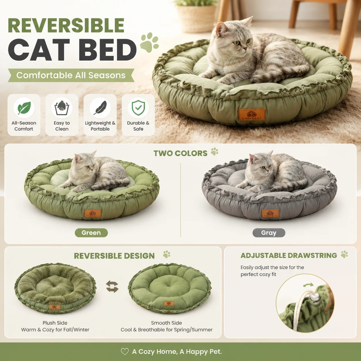 Round Cat Dog Bed Basket Plush Warm Winter Pet Cushion Nest Soft Sofa Sleeping Mat Reversible Shrink Drawstring Bed for Kittens