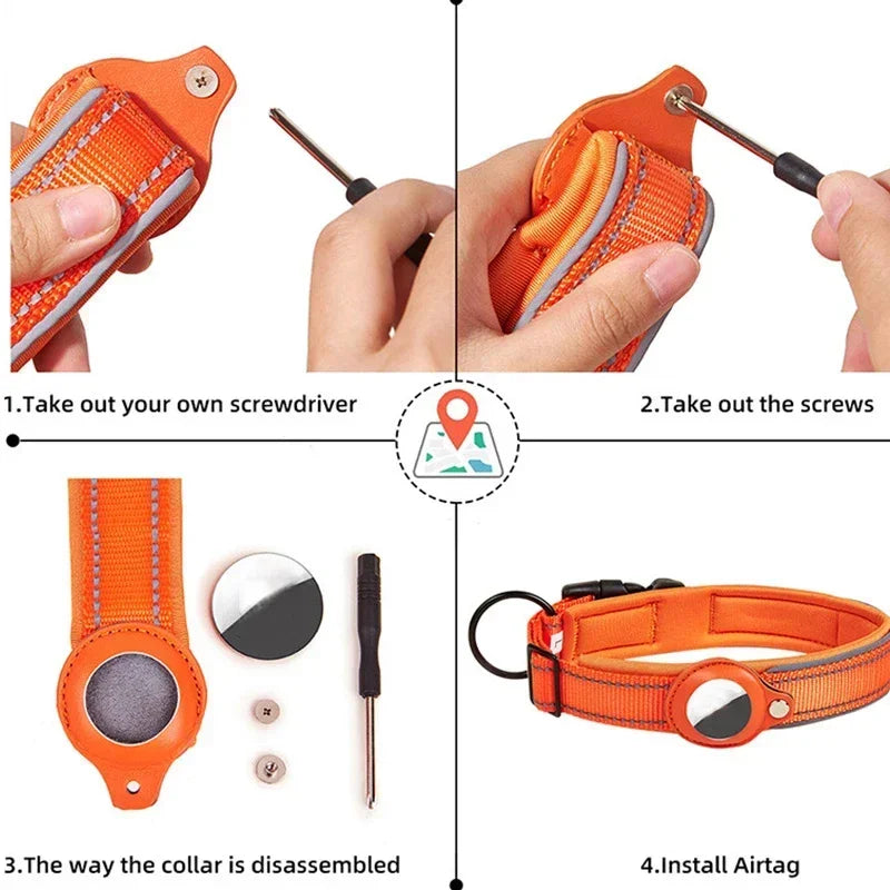 Waterproof Anti-Lost Dog Collar Padded Collars with AirTag Holder GPS Tracker Protective Case Adjustable Collar for Large Dogs