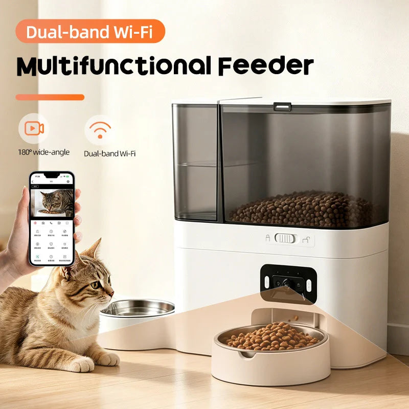 Intelligent automatic cat feeder with built-in water dispenser integrated pet feeding station button-wifi-video timed and quanti