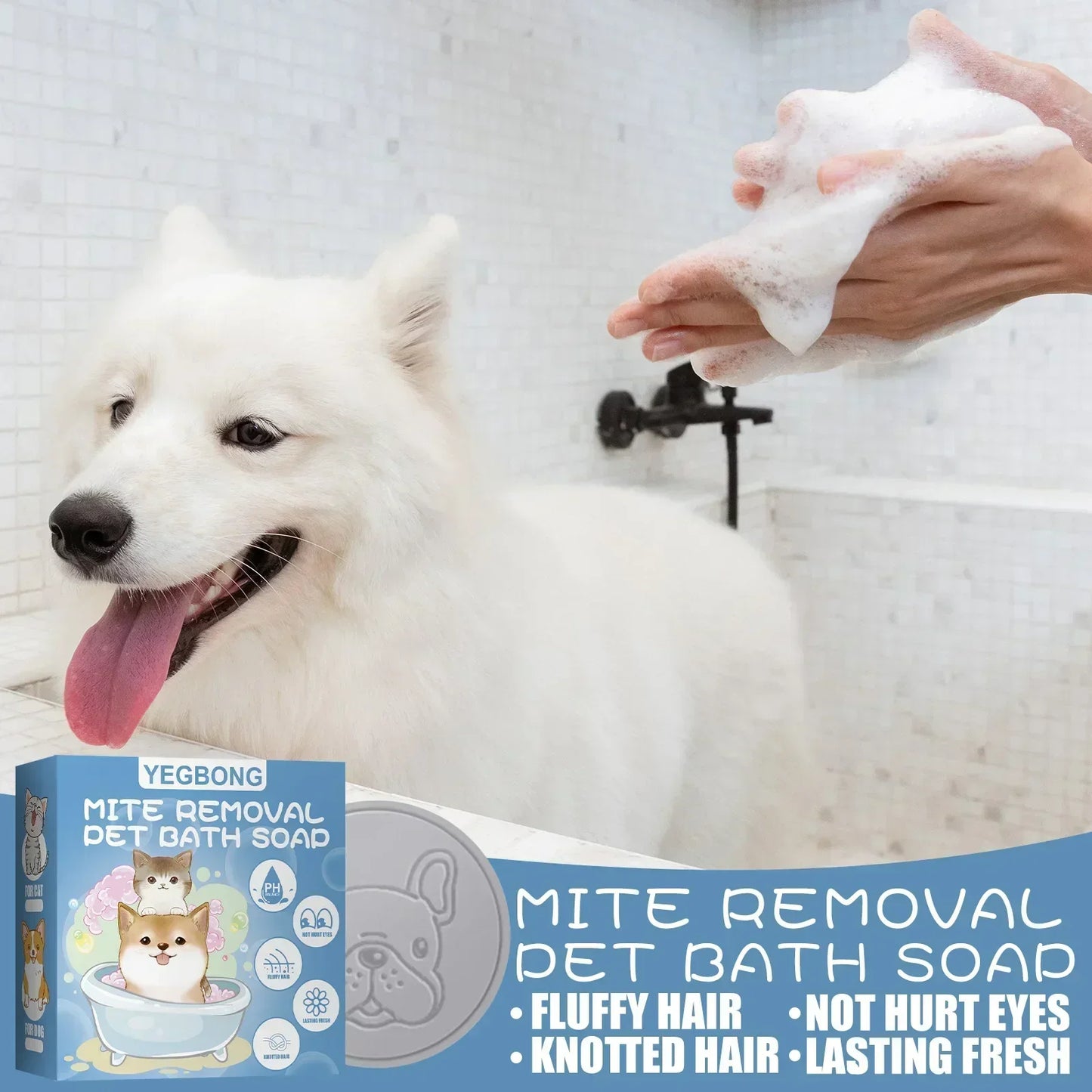 Anti Mite Pet Soap Bar for Dogs Cats, Deodorizing Itch Relief Bath Soap, Flea Odor Control Cleansing, Smooth Coat Grooming