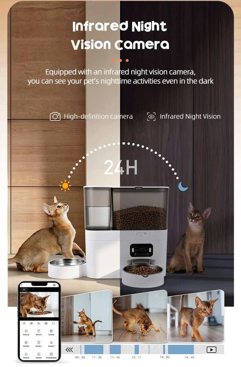 Intelligent automatic cat feeder with built-in water dispenser integrated pet feeding station button-wifi-video timed and quanti
