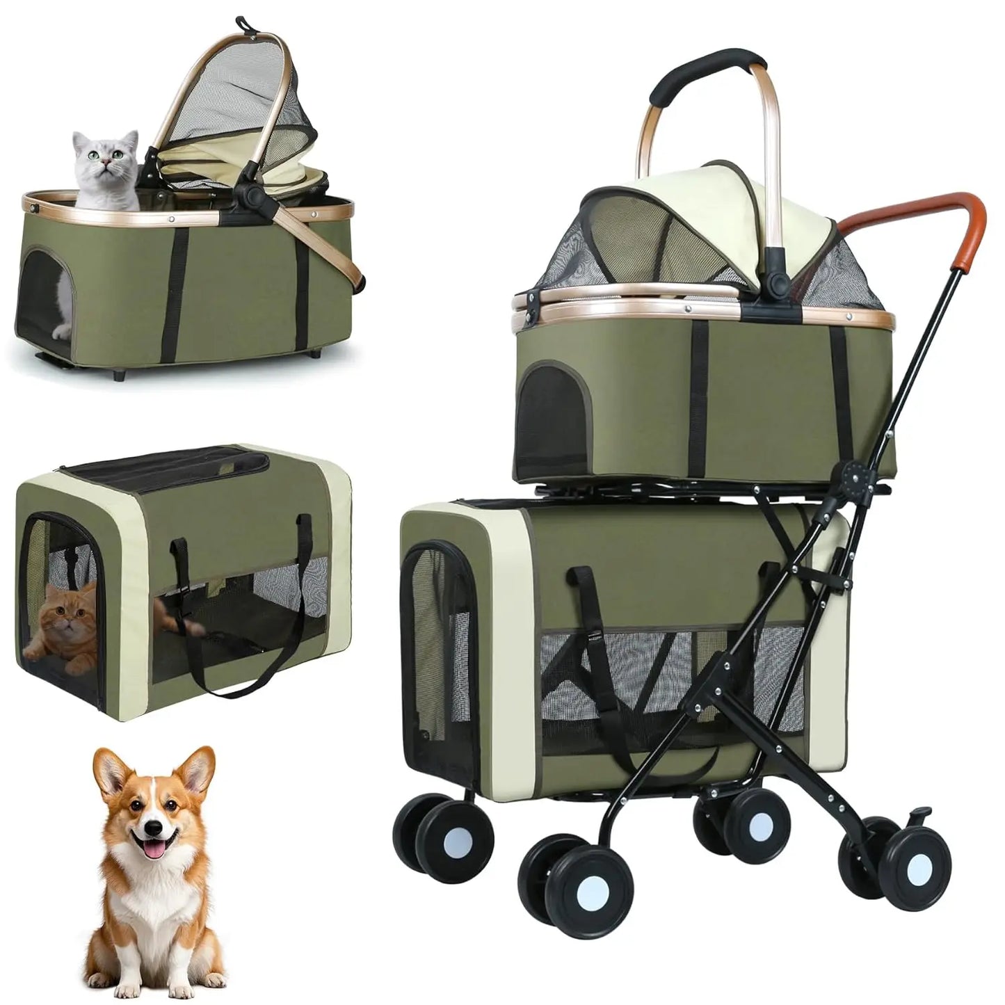 Separable Design Foldable Luxury Pet Stroller Large Space Detachable Multi-layer 8-Wheel Metal Double Pet Stroller for Cats Dogs