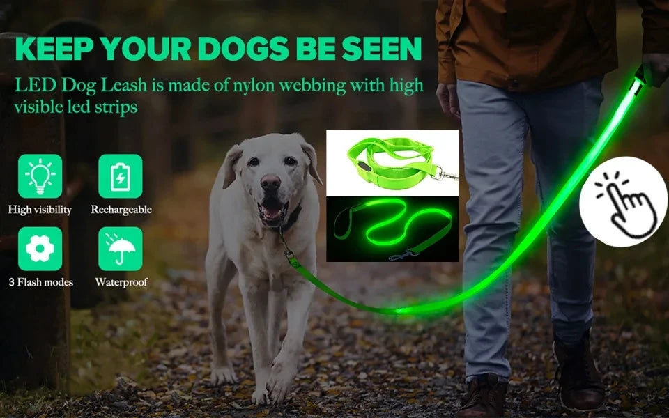 Glowing Led Dog Leash Usb Rechargeable Pet Dog Flashing Nylon Webbing Leashes- 3 Lighting Modes Keep Your Pets Safe In Darkness