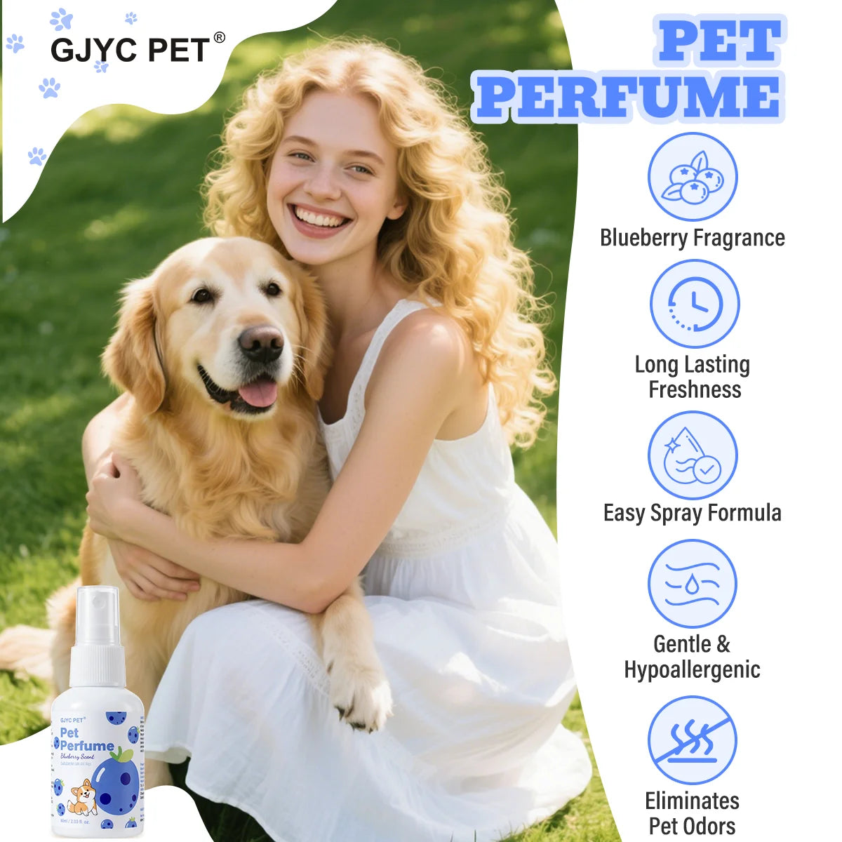 Pet Deodorizing Perfume Spray Dogs Cats Natural Long Lasting Fresh Scent Blueberry Grooming Alcohol-Free Odor Control Portable