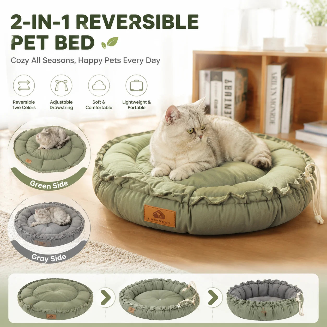 Round Cat Dog Bed Basket Plush Warm Winter Pet Cushion Nest Soft Sofa Sleeping Mat Reversible Shrink Drawstring Bed for Kittens