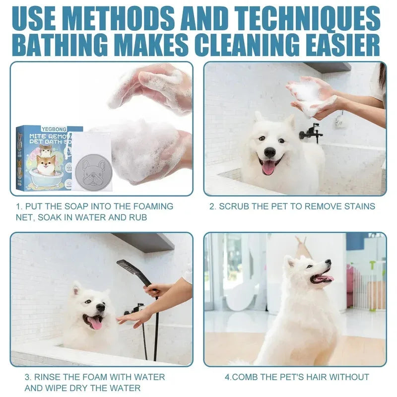 Anti Mite Pet Soap Bar for Dogs Cats, Deodorizing Itch Relief Bath Soap, Flea Odor Control Cleansing, Smooth Coat Grooming