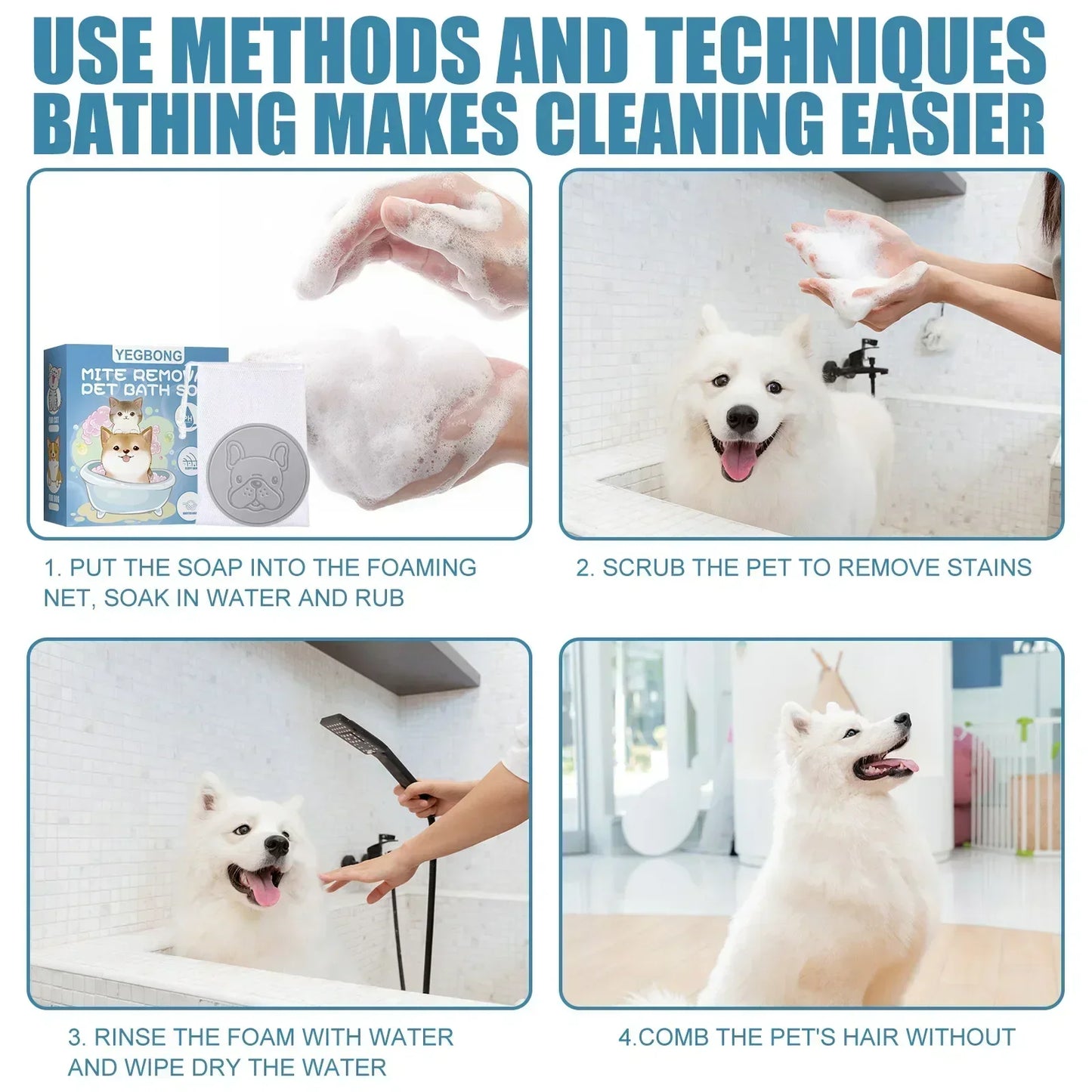Anti Mite Pet Soap Bar for Dogs Cats, Deodorizing Itch Relief Bath Soap, Flea Odor Control Cleansing, Smooth Coat Grooming