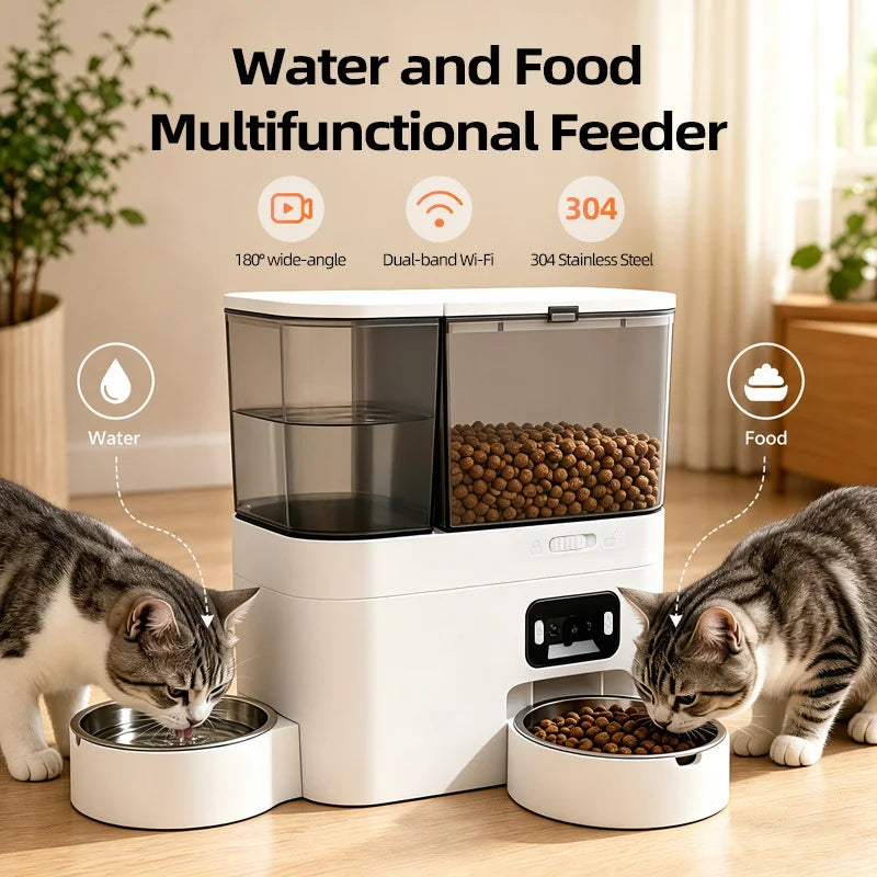 Intelligent automatic cat feeder with built-in water dispenser integrated pet feeding station button-wifi-video timed and quanti