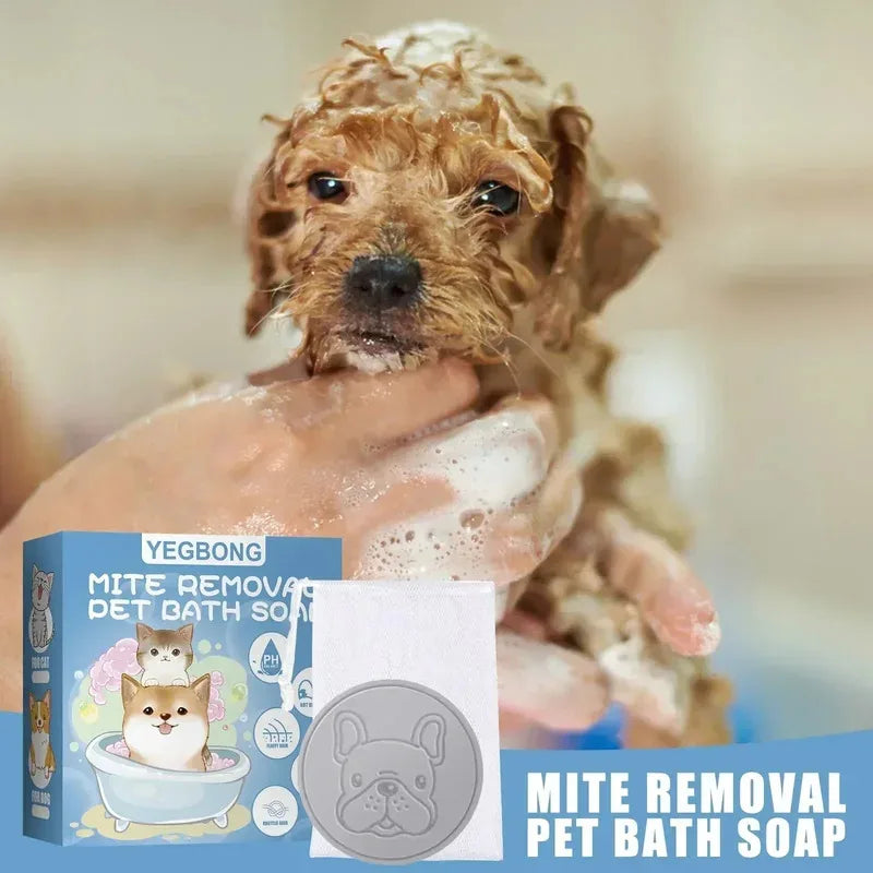 Anti Mite Pet Soap Bar for Dogs Cats, Deodorizing Itch Relief Bath Soap, Flea Odor Control Cleansing, Smooth Coat Grooming