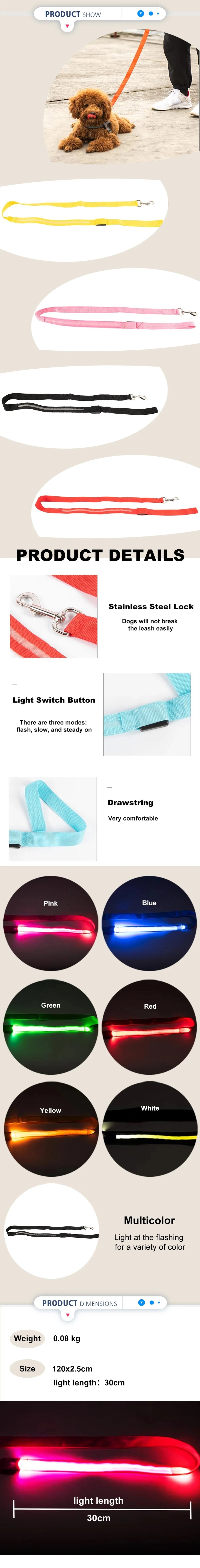 Glowing Led Dog Leash Usb Rechargeable Pet Dog Flashing Nylon Webbing Leashes- 3 Lighting Modes Keep Your Pets Safe In Darkness