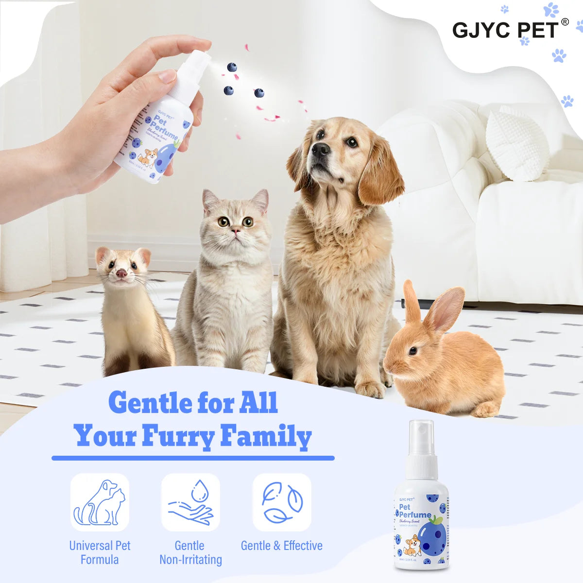 Pet Deodorizing Perfume Spray Dogs Cats Natural Long Lasting Fresh Scent Blueberry Grooming Alcohol-Free Odor Control Portable
