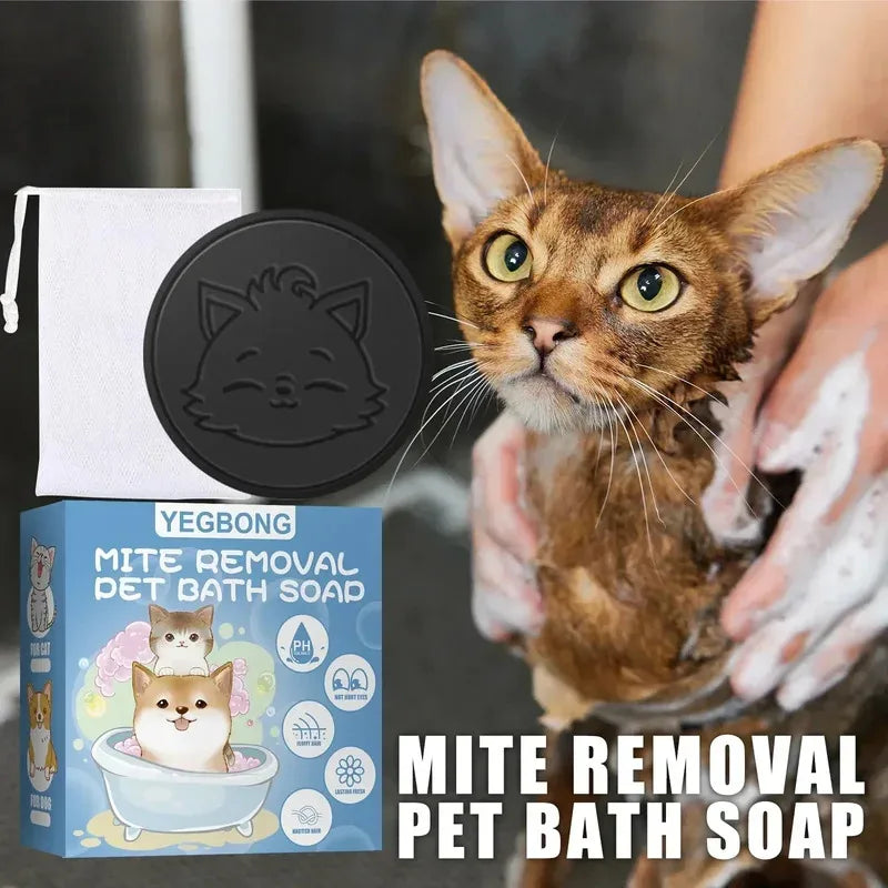 Anti Mite Pet Soap Bar for Dogs Cats, Deodorizing Itch Relief Bath Soap, Flea Odor Control Cleansing, Smooth Coat Grooming
