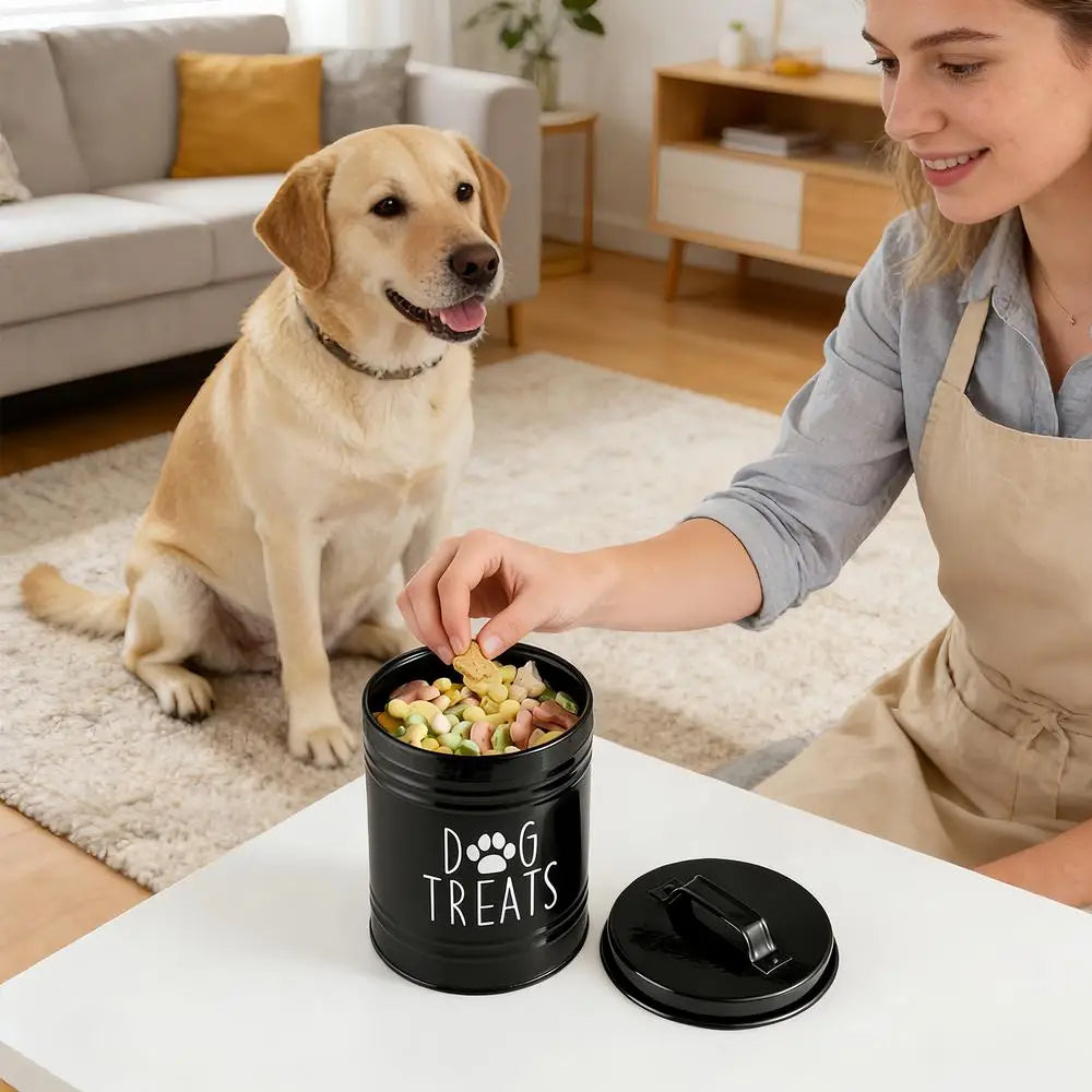 Dog Food Container Airtight Pet Food Storage Bin with Handle and Lid Metal Container for Puppy Cat Bird Feeding Snacks Organizer