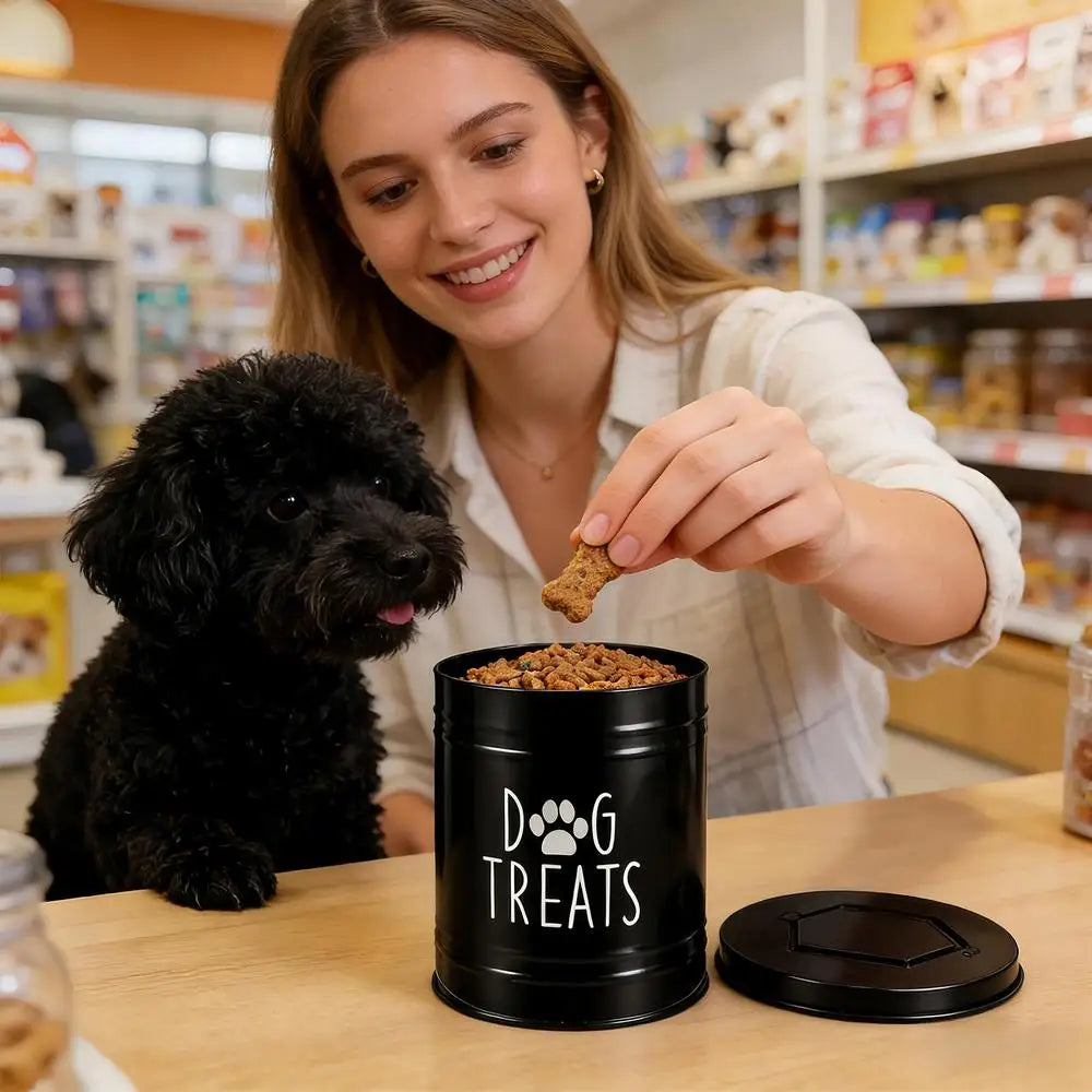 Dog Food Container Airtight Pet Food Storage Bin with Handle and Lid Metal Container for Puppy Cat Bird Feeding Snacks Organizer