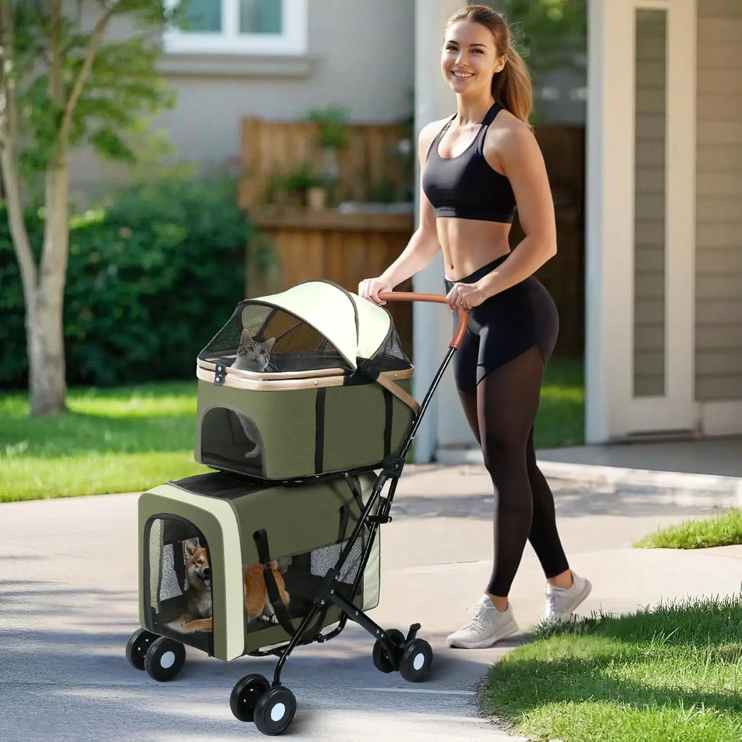 Separable Design Foldable Luxury Pet Stroller Large Space Detachable Multi-layer 8-Wheel Metal Double Pet Stroller for Cats Dogs