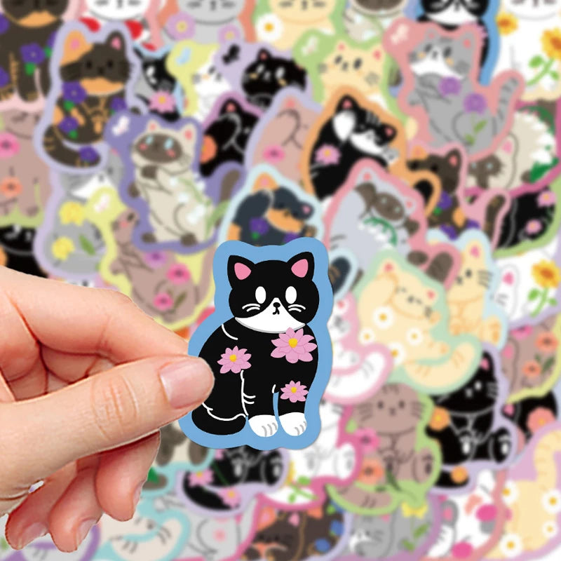 50PCS Colorful Edge Flower Cat Cartoon Graffiti Stickers DIY Stationery Suitcases Notebook Creative Aesthetics Decals Kids Toys