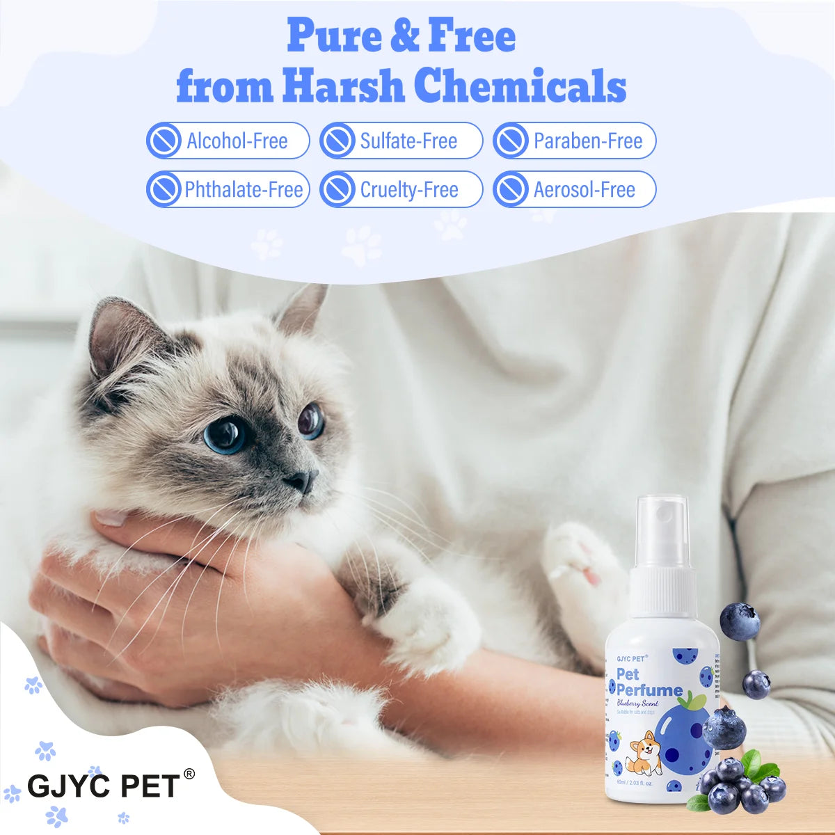 Pet Deodorizing Perfume Spray Dogs Cats Natural Long Lasting Fresh Scent Blueberry Grooming Alcohol-Free Odor Control Portable