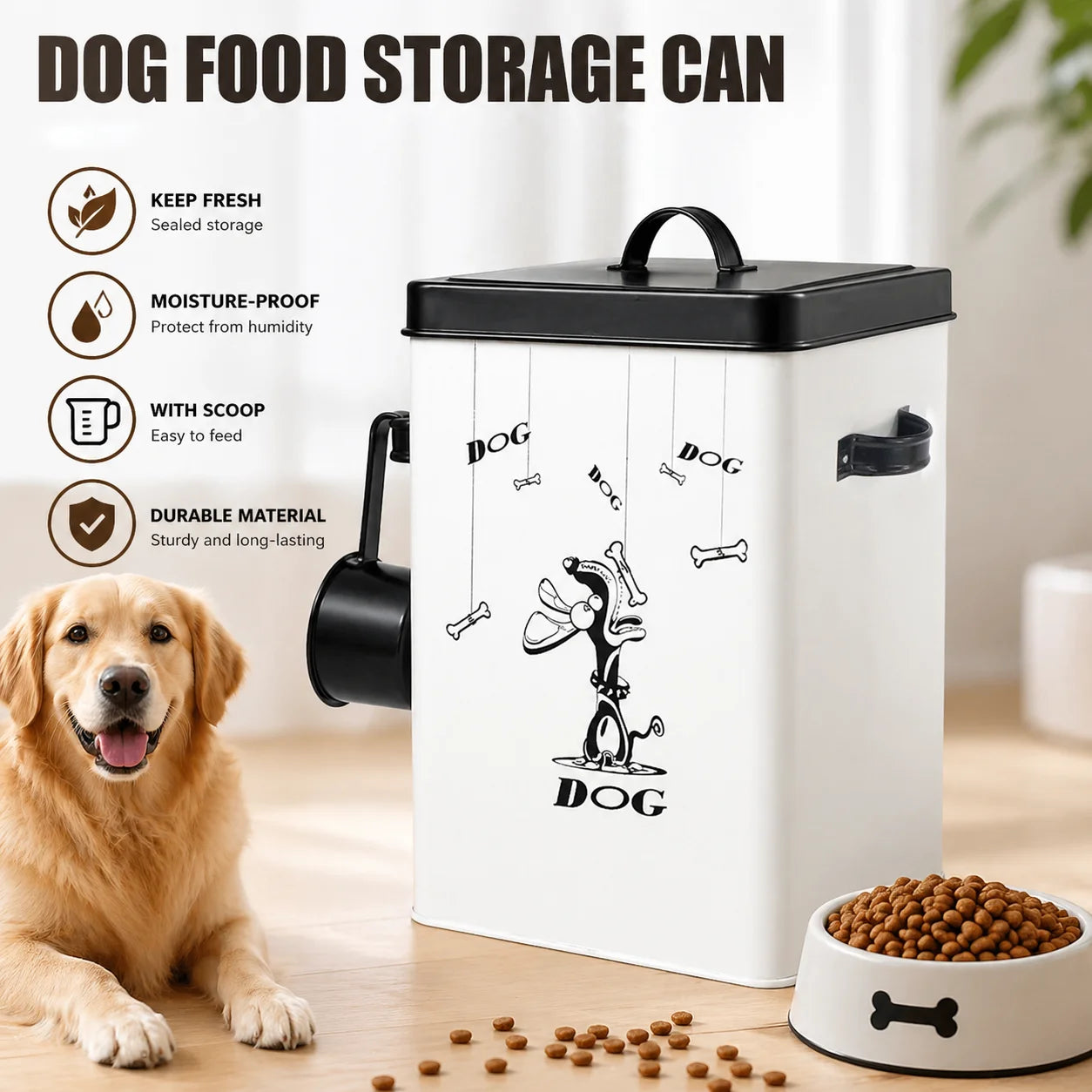 Airtight Metal Dog Food Storage Container with Scoop, Pet Food Bin for Dry Food, Large Capacity Dog Treat Dispenser, Pet Supplie