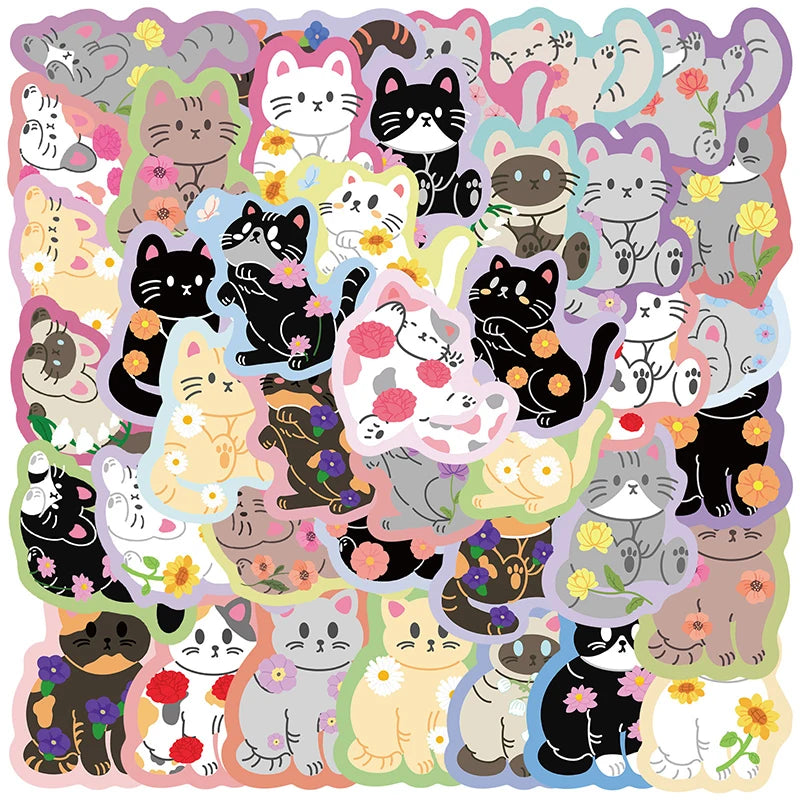 50PCS Colorful Edge Flower Cat Cartoon Graffiti Stickers DIY Stationery Suitcases Notebook Creative Aesthetics Decals Kids Toys