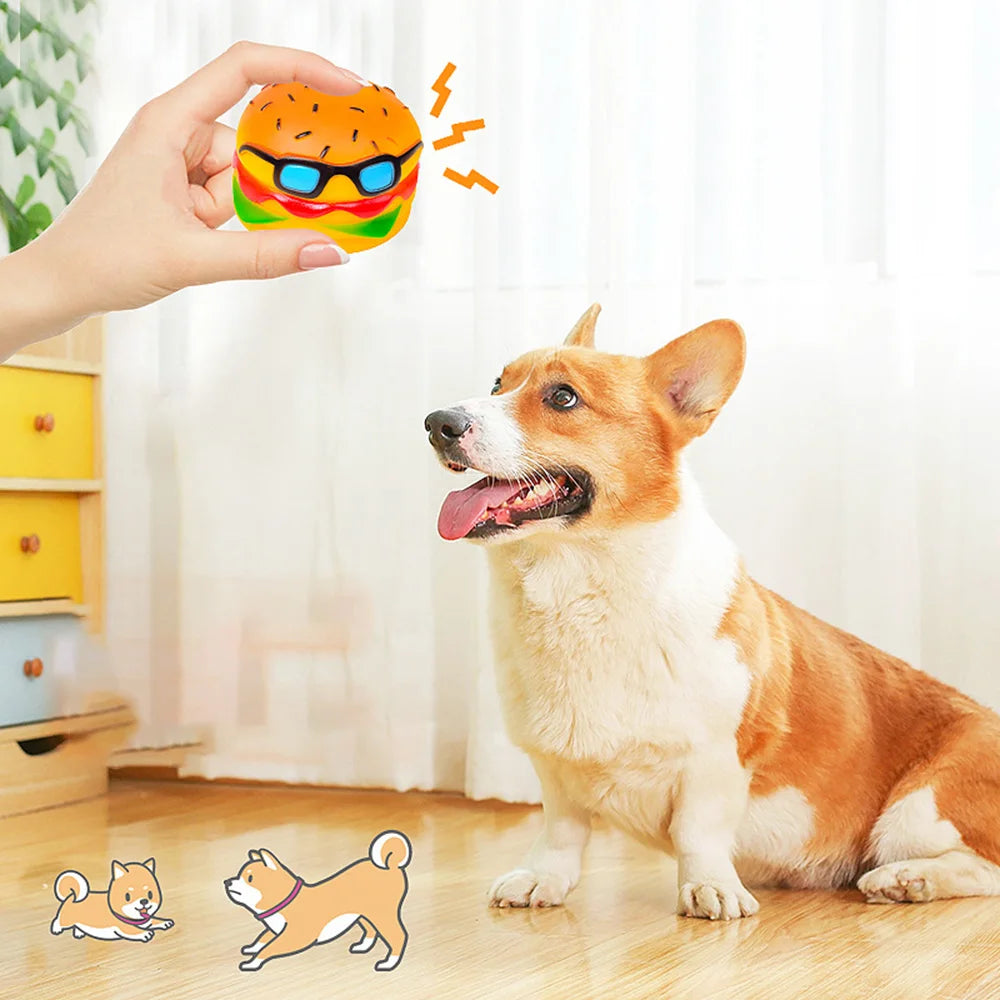 Squeaky Hamburger Dog Toy - Chew Toy for Teeth Cleaning & Molar Care, Interactive Squeaking Pet Toy,