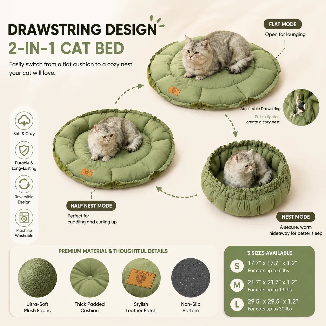 Round Cat Dog Bed Basket Plush Warm Winter Pet Cushion Nest Soft Sofa Sleeping Mat Reversible Shrink Drawstring Bed for Kittens