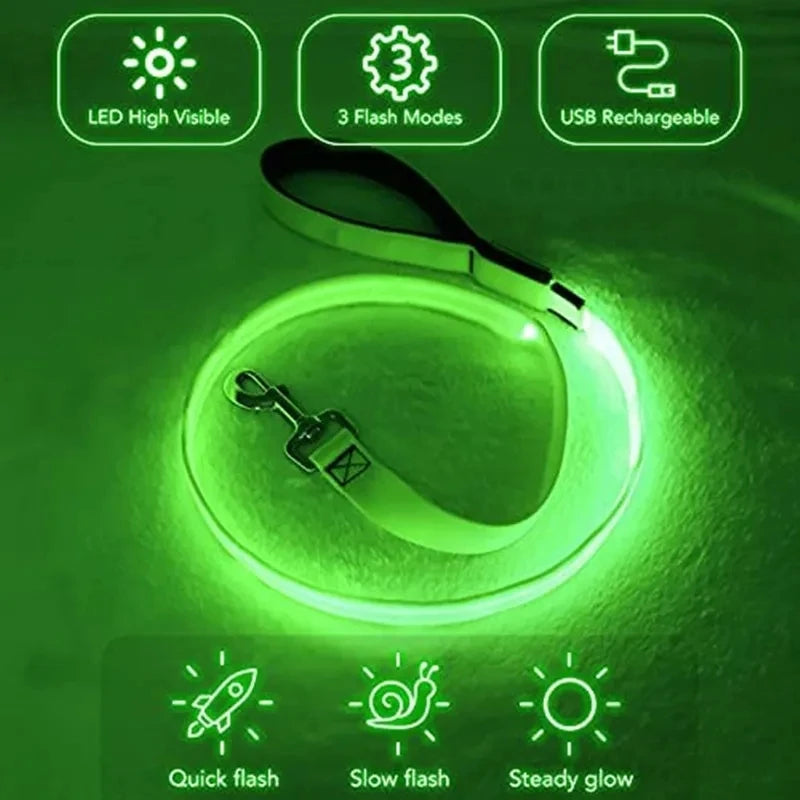 Glowing Led Dog Leash Usb Rechargeable Pet Dog Flashing Nylon Webbing Leashes- 3 Lighting Modes Keep Your Pets Safe In Darkness