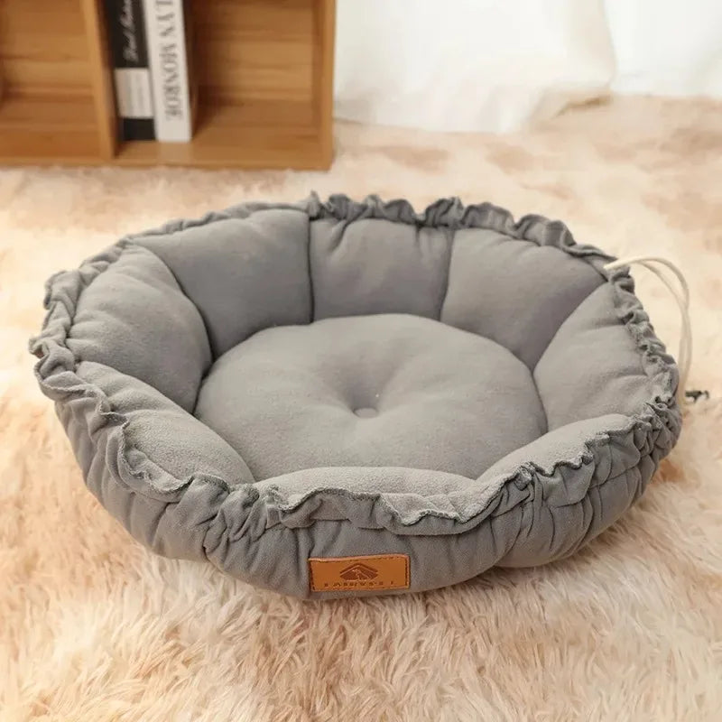 Round Cat Dog Bed Basket Plush Warm Winter Pet Cushion Nest Soft Sofa Sleeping Mat Reversible Shrink Drawstring Bed for Kittens