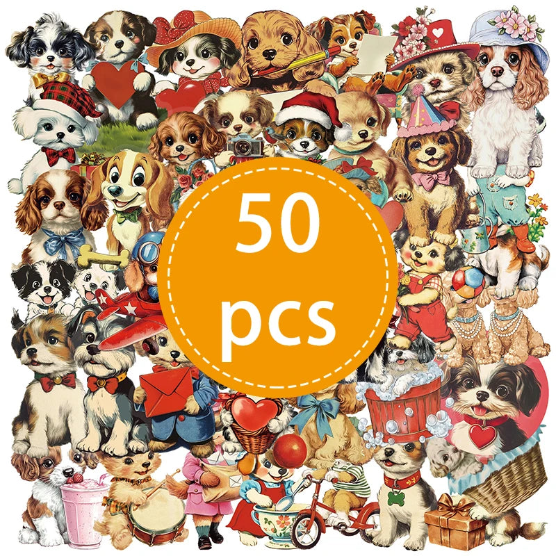 50PCS Cute Retro Dog Stickers Children DIY Stationery Box Handbag Laptop Guitar Helmet Self-adhesive Decoration Decals Toys Gift