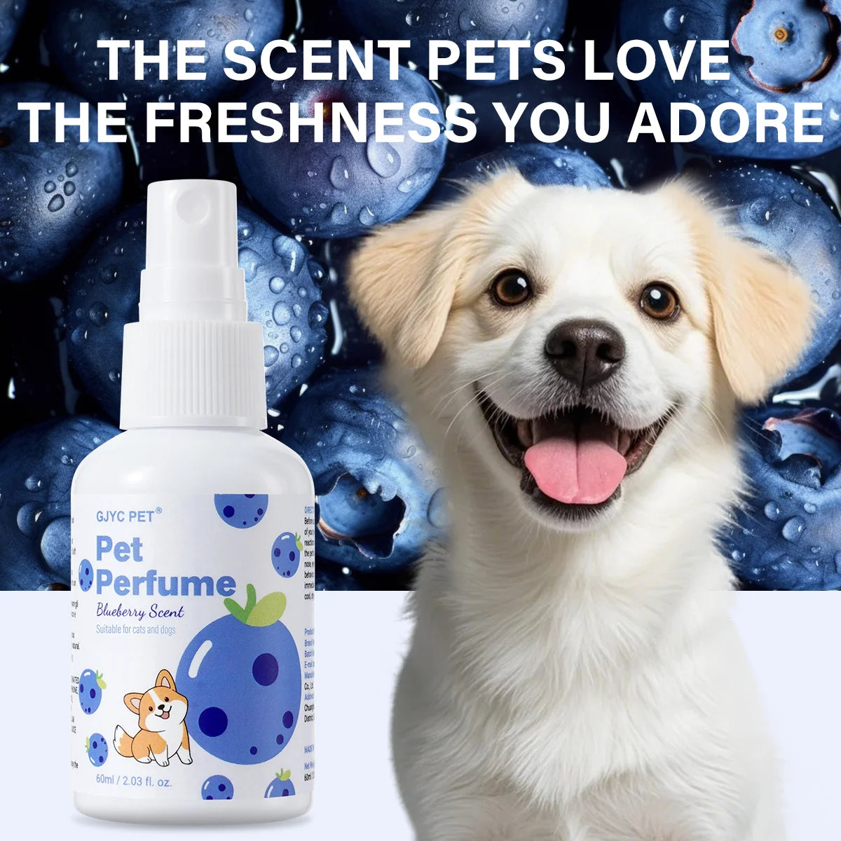Pet Deodorizing Perfume Spray Dogs Cats Natural Long Lasting Fresh Scent Blueberry Grooming Alcohol-Free Odor Control Portable