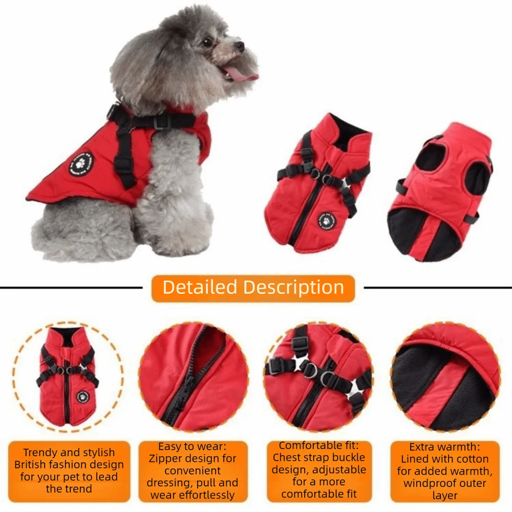 Waterproof Adjustable Dogs Down Clothes Warm Windproof Dog Coat with Harness Soft Dog Jacket for Dogs Cats