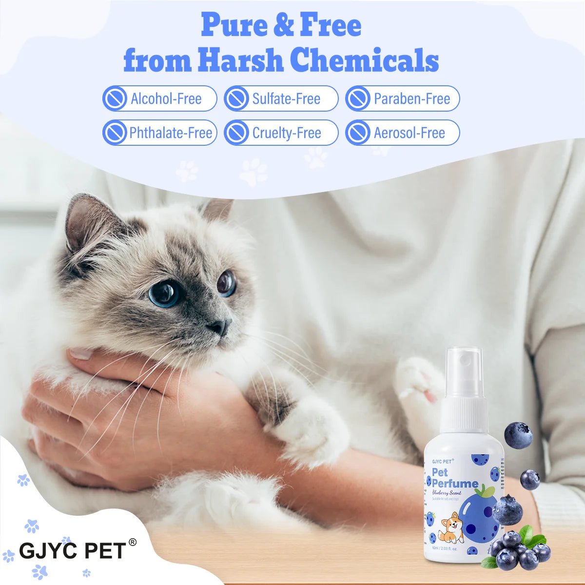 Pet Deodorizing Perfume Spray Dogs Cats Natural Long Lasting Fresh Scent Blueberry Grooming Alcohol-Free Odor Control Portable