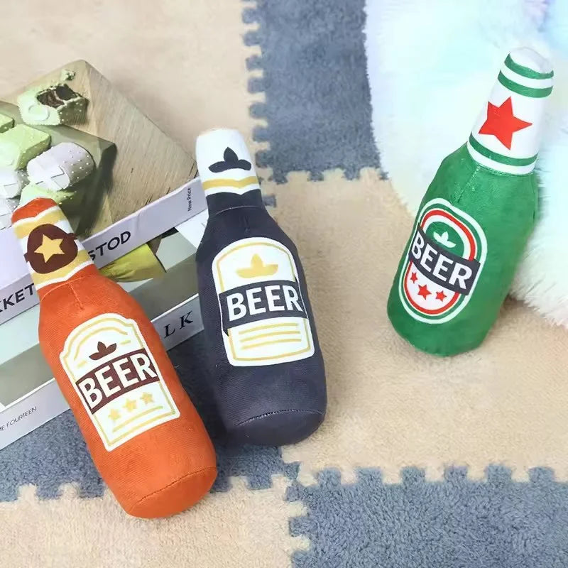 Durable Eco-friendly Squeaky Interactive Dog Chew Toys Beer Shaped Stylish Dog Plush Toys Wine Bottle Shaped Funny Dog Toys