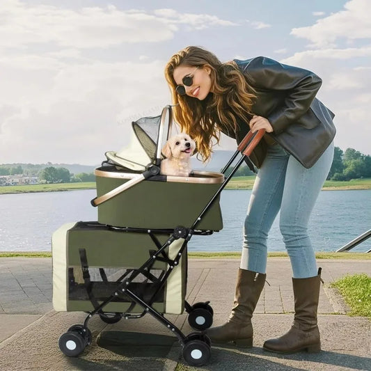 Separable Design Foldable Luxury Pet Stroller Large Space Detachable Multi-layer 8-Wheel Metal Double Pet Stroller for Cats Dogs