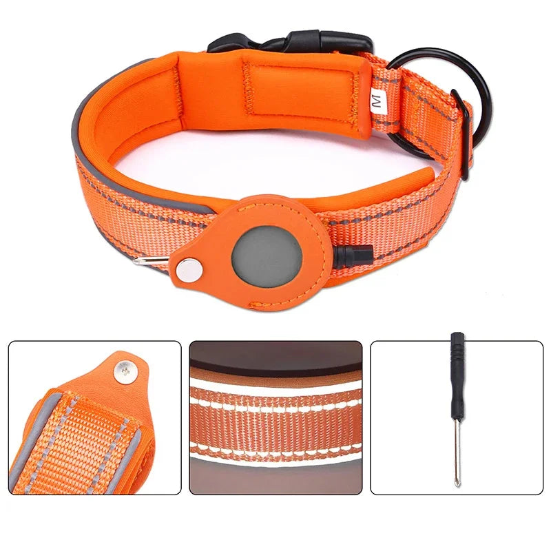 Waterproof Anti-Lost Dog Collar Padded Collars with AirTag Holder GPS Tracker Protective Case Adjustable Collar for Large Dogs