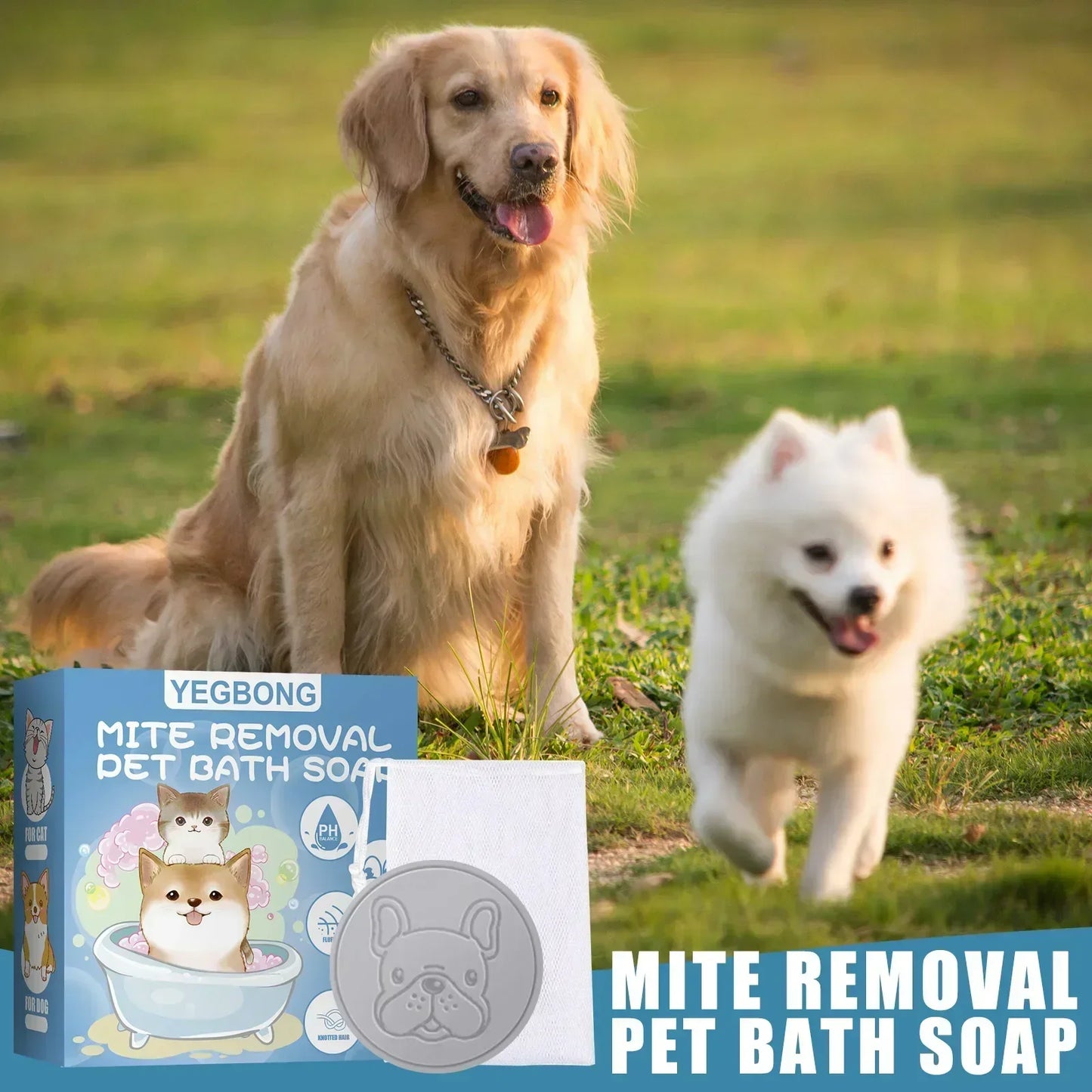 Anti Mite Pet Soap Bar for Dogs Cats, Deodorizing Itch Relief Bath Soap, Flea Odor Control Cleansing, Smooth Coat Grooming