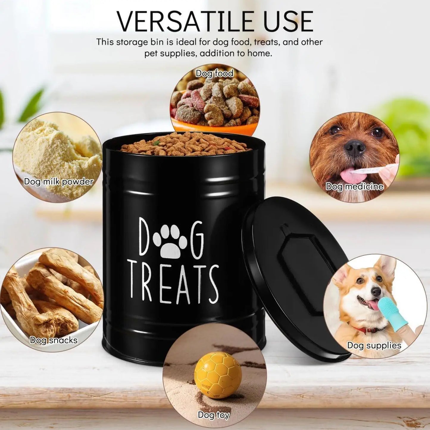 Dog Food Container Airtight Pet Food Storage Bin with Handle and Lid Metal Container for Puppy Cat Bird Feeding Snacks Organizer