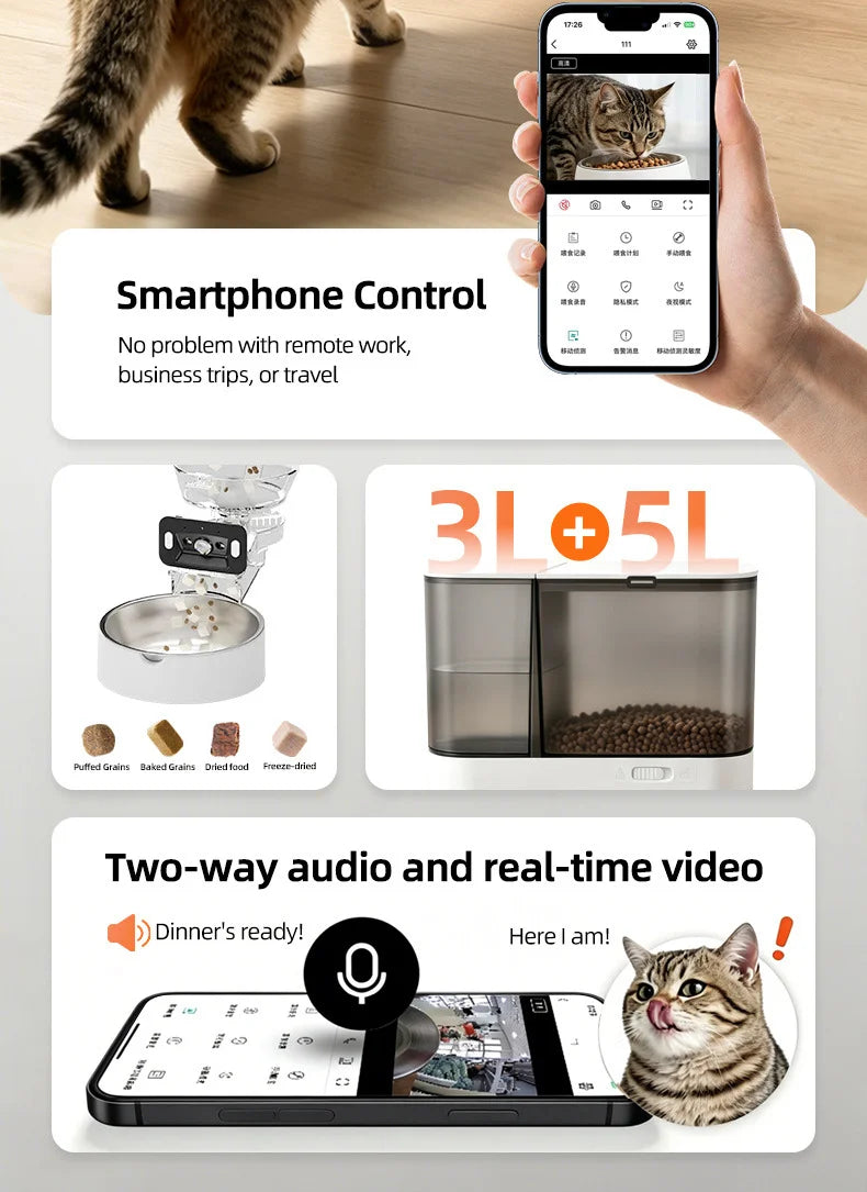 Intelligent automatic cat feeder with built-in water dispenser integrated pet feeding station button-wifi-video timed and quanti